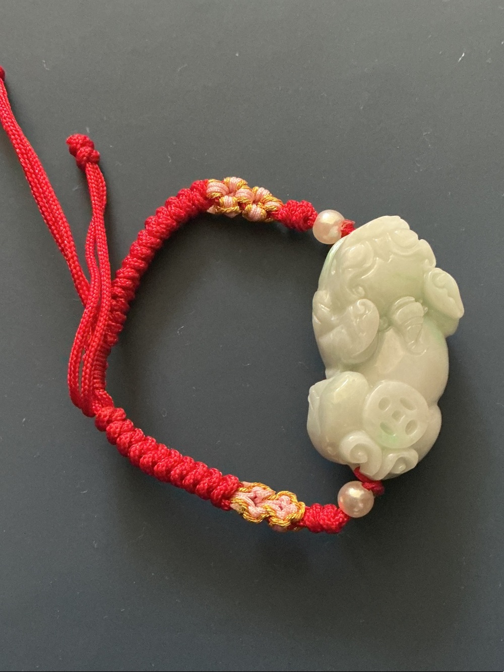 Red Cord Bracelet with Pale Green Jade Pixiu Charm